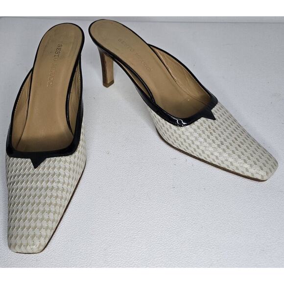 Sesto Meucci Mules Beige White Checkered Print Leather Slip On Heels Size 8 - Picture 1 of 11